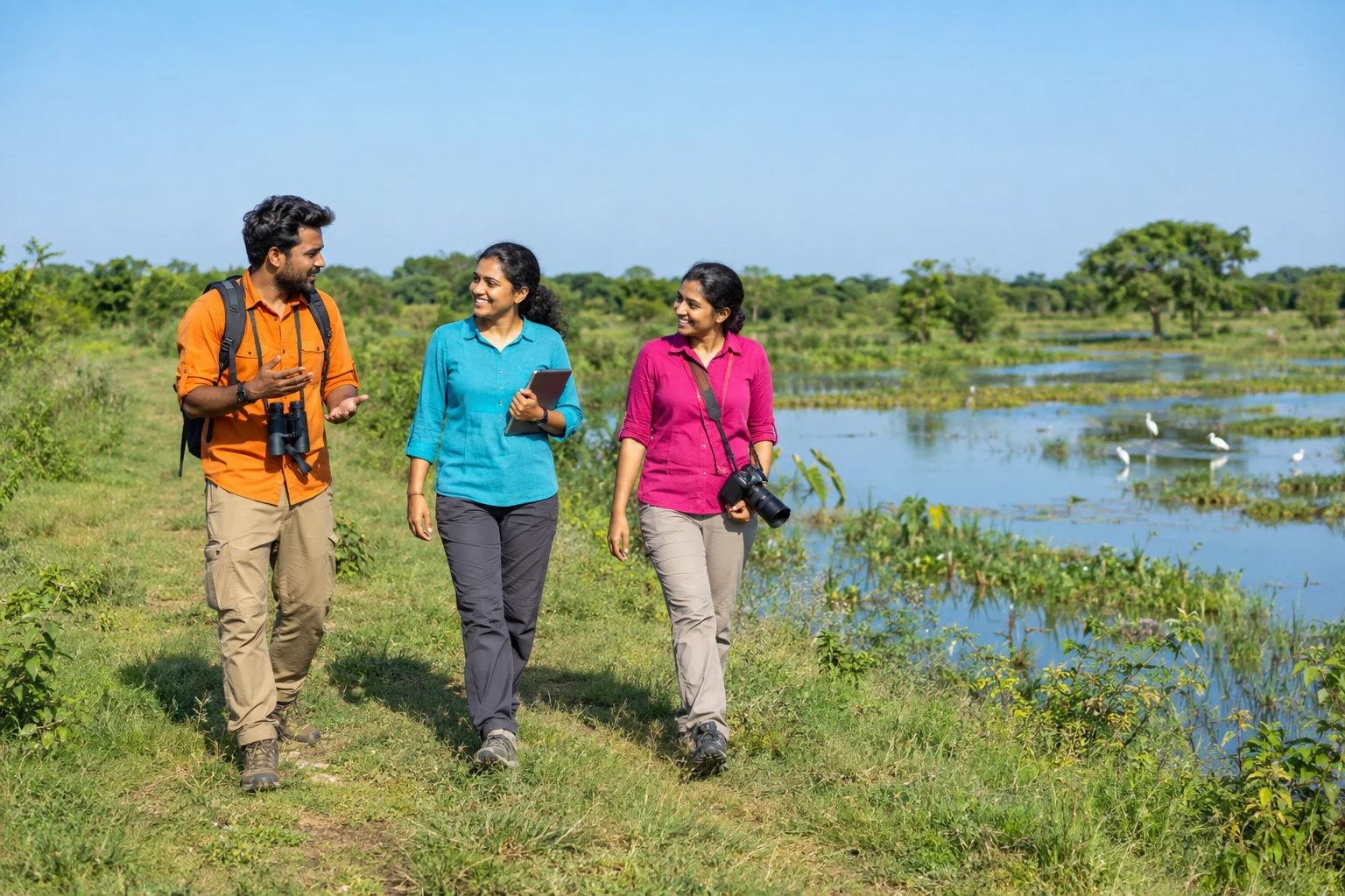 Illustrative photo of environmental professionals walking beside a wetland