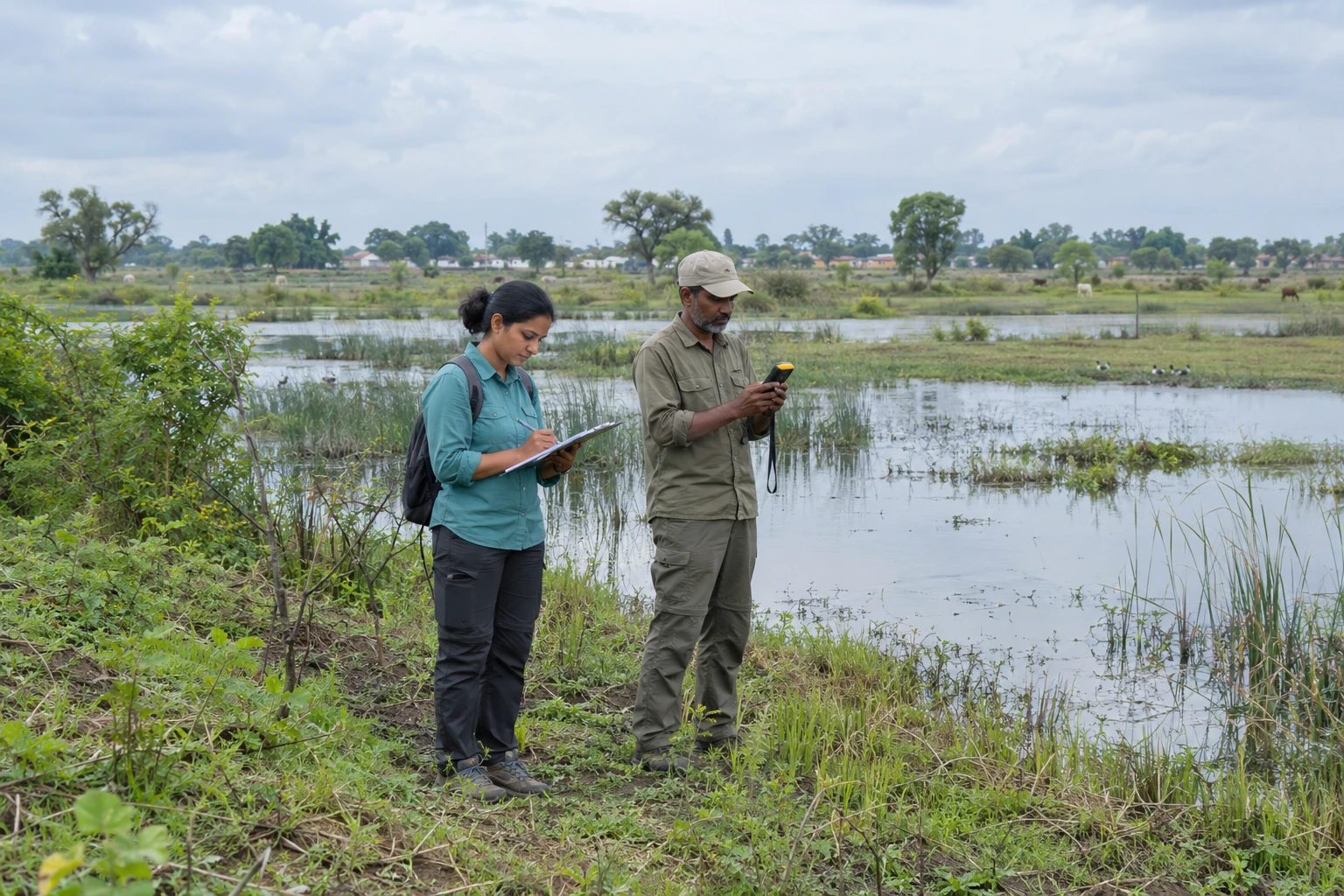 Illustrative photo of Indian environmental professionals conducting a wetland field assessment