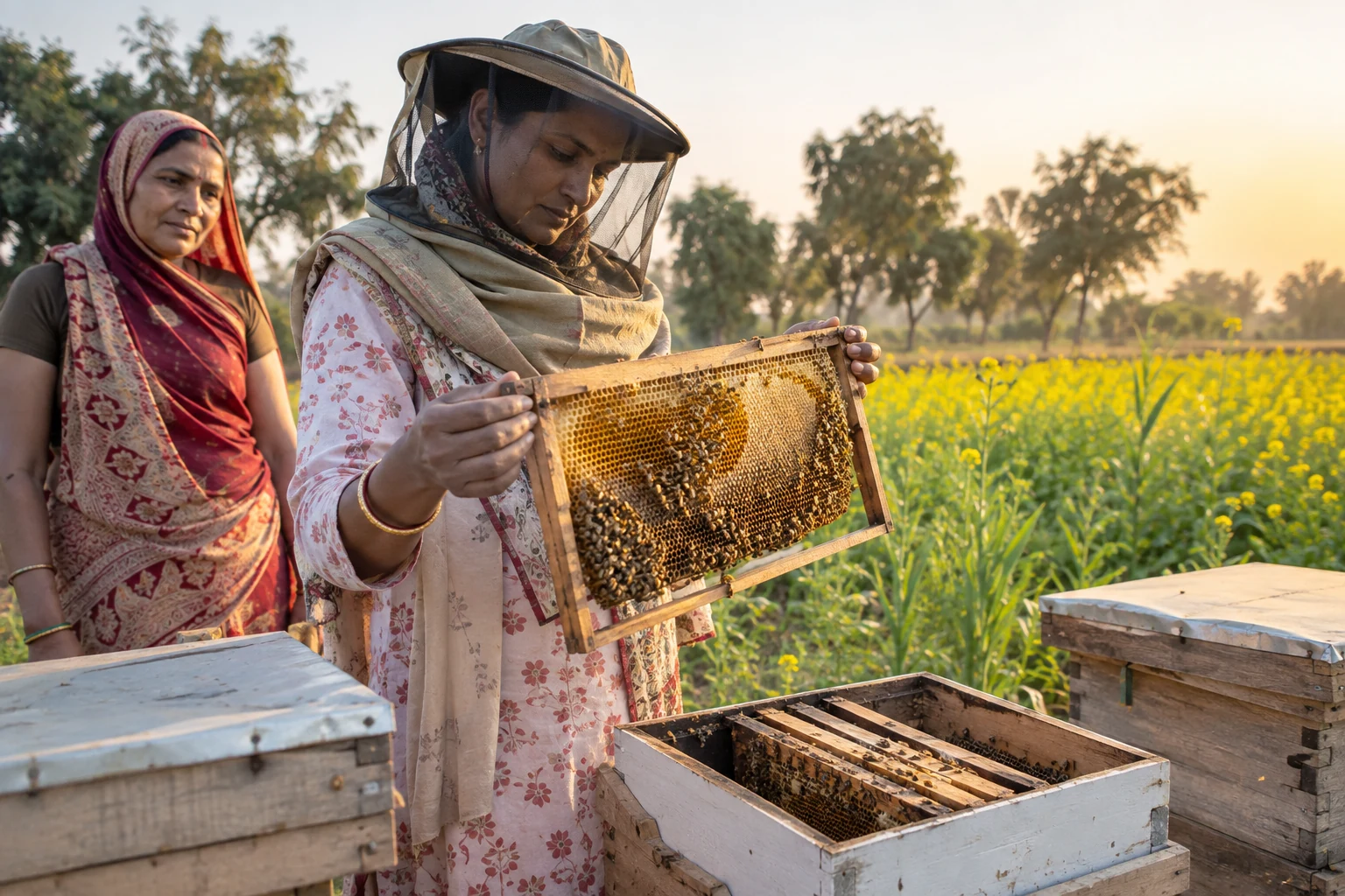 Illustrative photo of a beekeeper inspecting a honeycomb frame