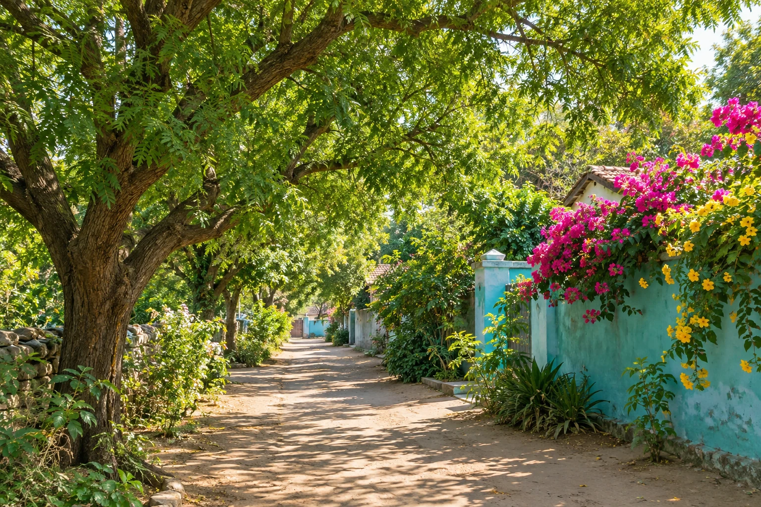Illustrative photo of a tree-lined village path with flowers