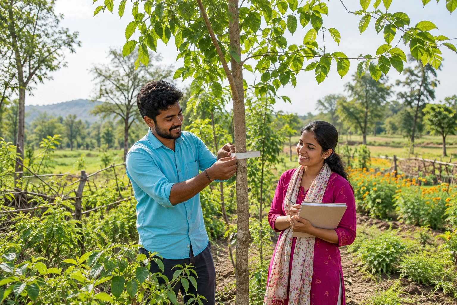 Illustrative photo of researchers measuring a young tree