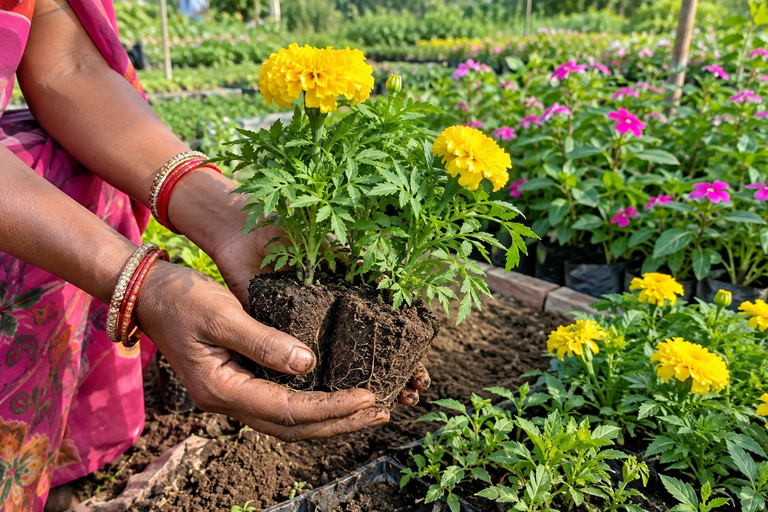 Illustrative photo of hands holding marigold seedlings