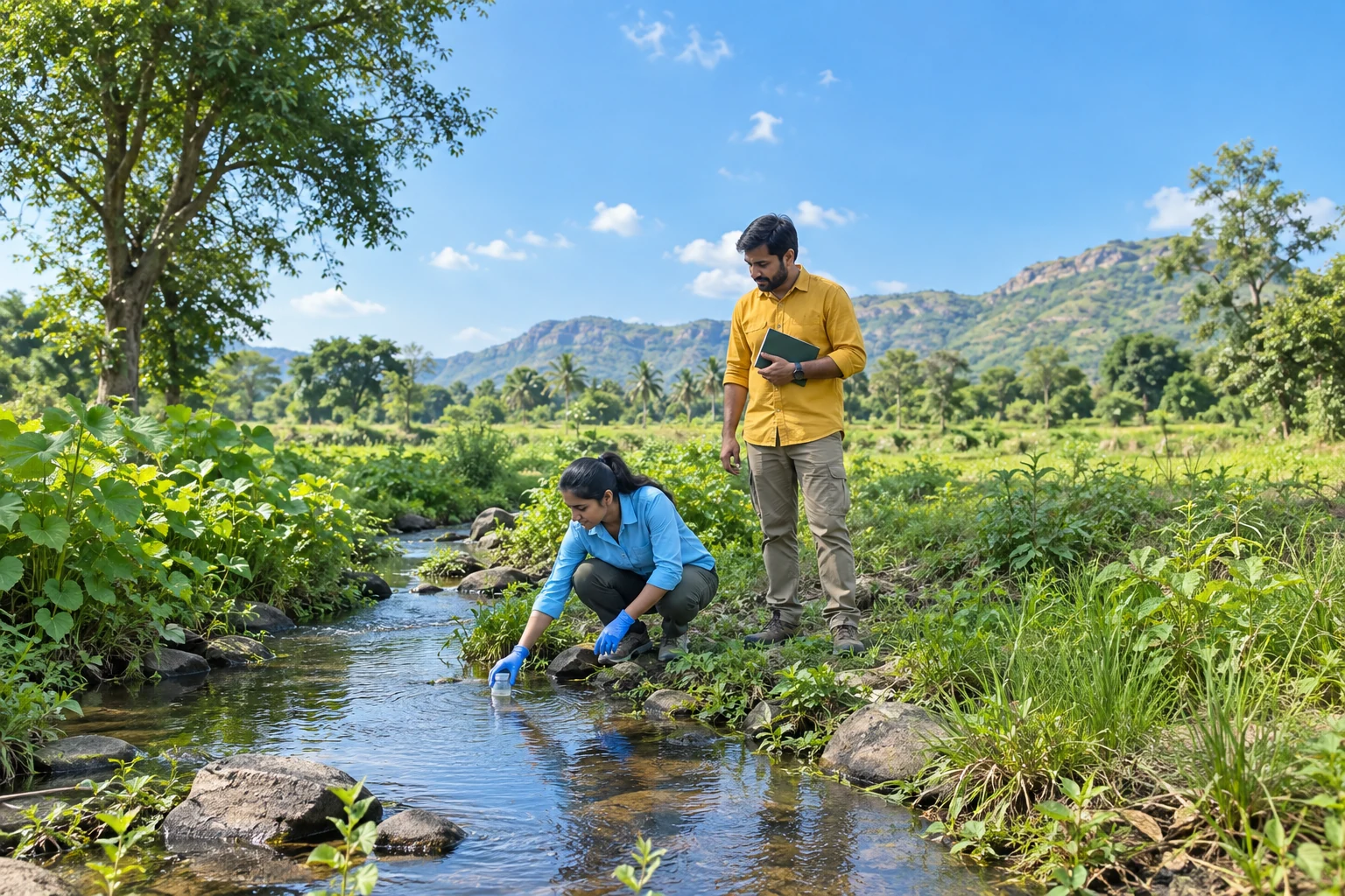 Illustrative photo of researchers collecting a stream water sample