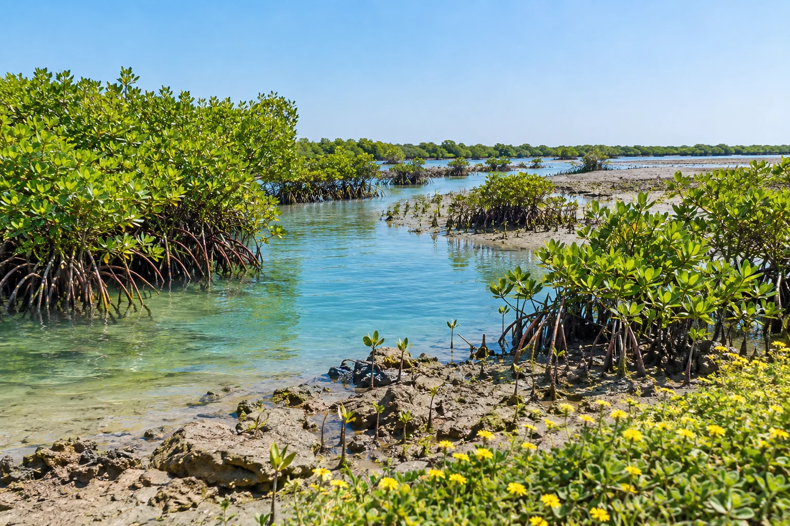 Illustrative photo of young mangroves beside tidal water